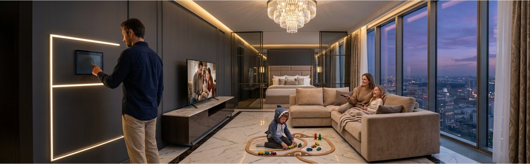 KNX akıllı bina otomasyonu vs interkom sistemleri karşılaştırması - Modern villada dokunmatik kontrol paneli, otomatik perdeler ve mavi LED aydınlatma